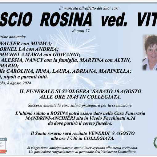 Vescio Rosina ved. Vitti di anni 77