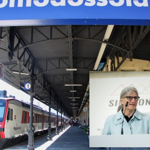 Un treno internazionale alla stazione di Domodossola, nel riquadro Maria Lezzi, segretaria di Stato e direttrice dell'Ufficio federale dello sviluppo territoriale