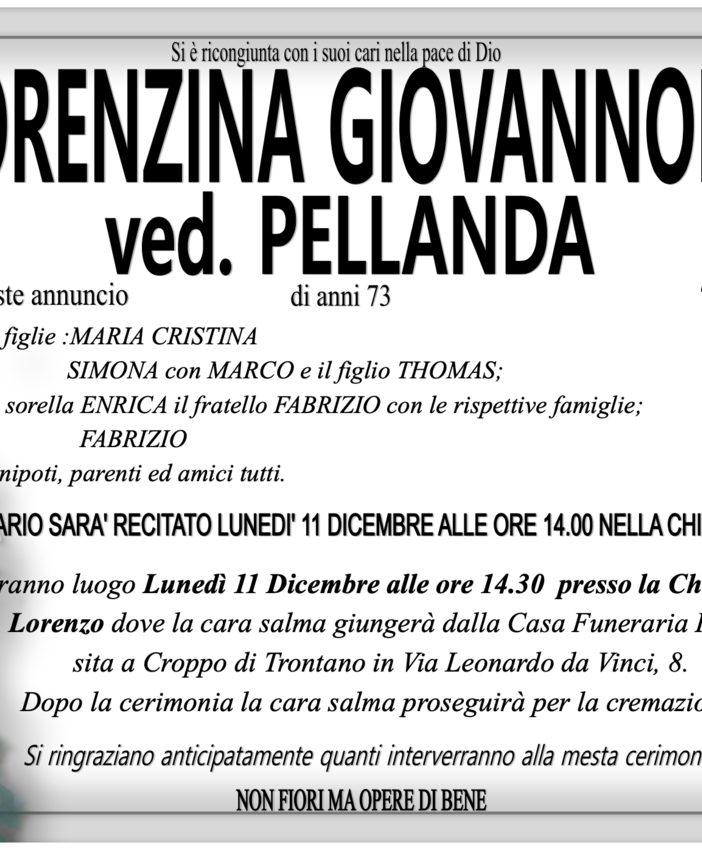 Lorenzina Giovannone ved. Pellanda di anni 73