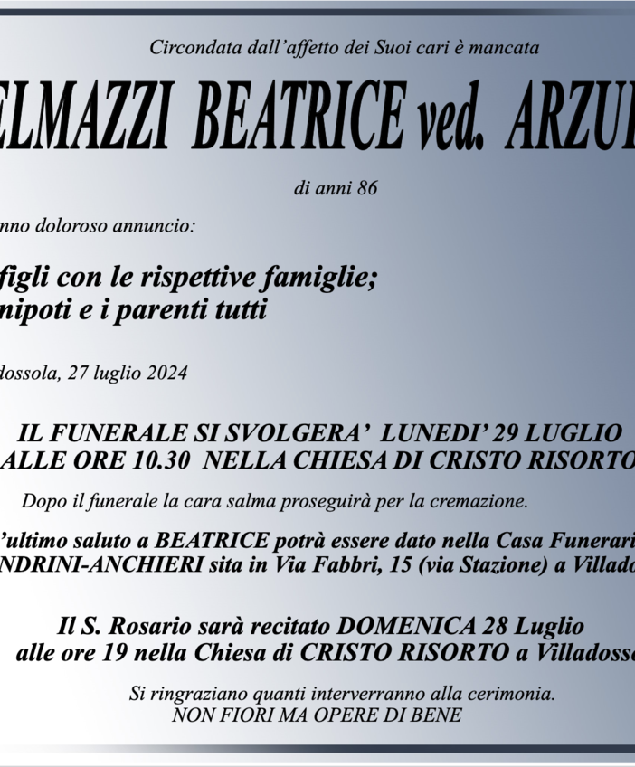 Guglielmazzi Beatrice ved. Arzuffi di anni 86