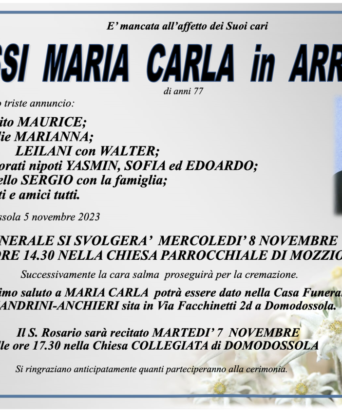 Iussi Maria Carla in Arreola di anni 77