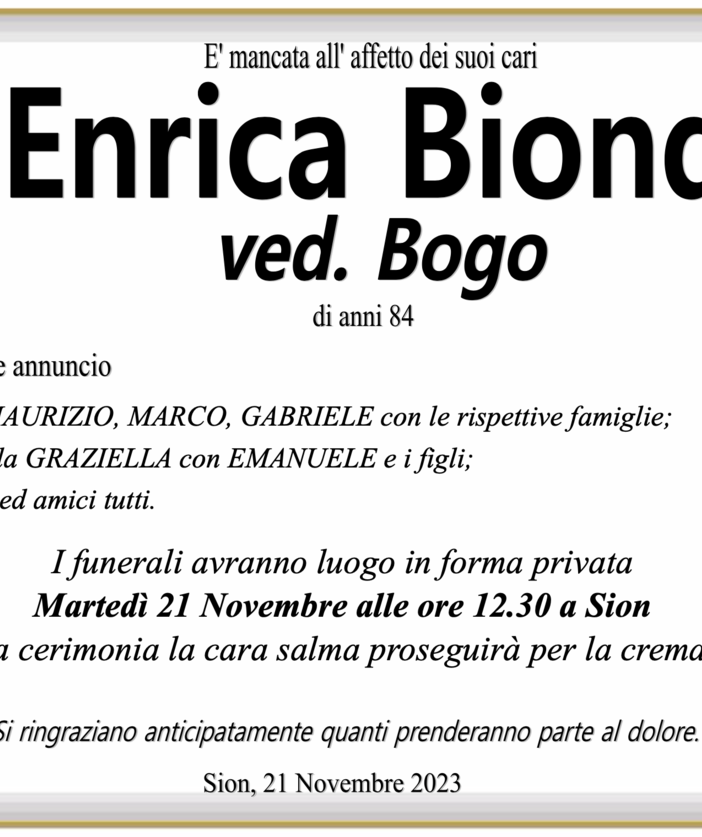 Enrica Bionda ved. Bogo di anni 84