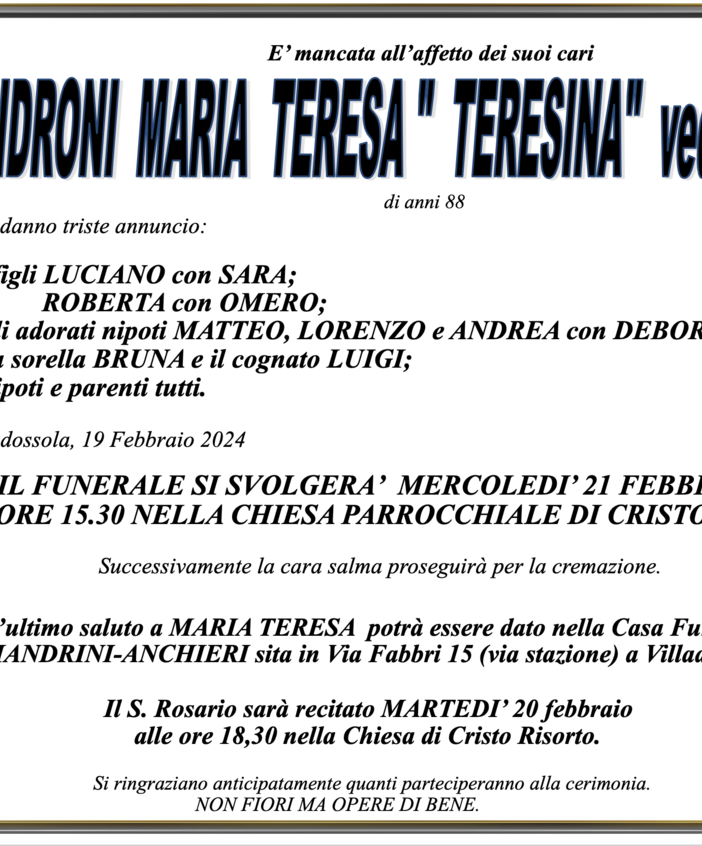Pidroni Maria teresa &quot;Teresina&quot; ved. Colombo di anni 88