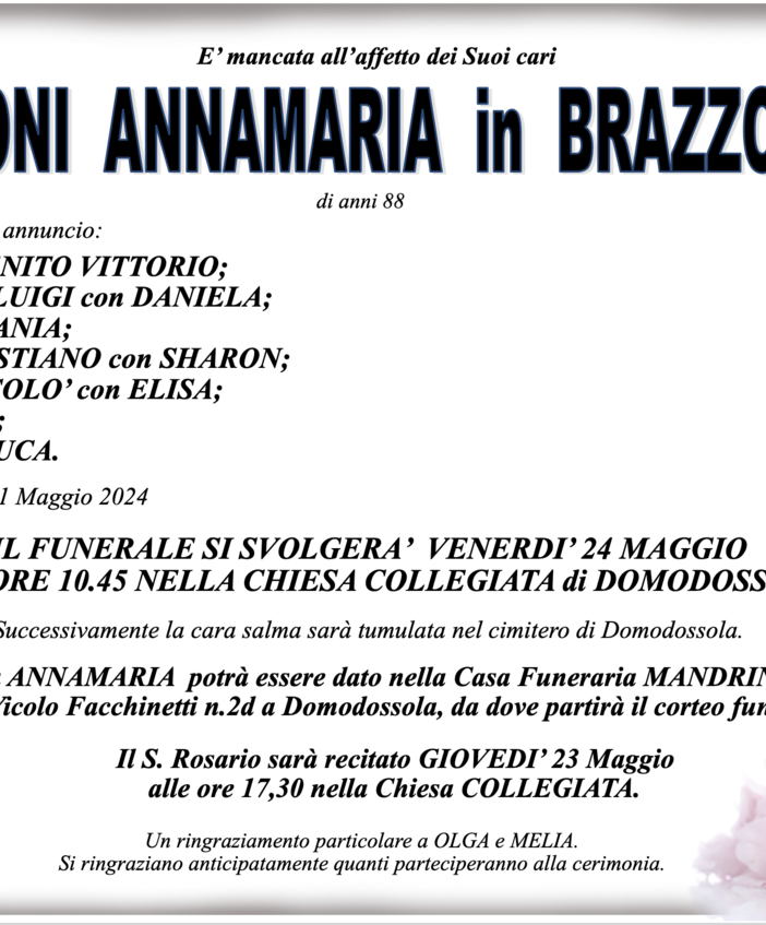 Paganoni Annamaria in Brazzorotto di anni 88