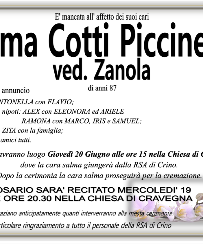 Alma Cotti Piccinelli ved. zanola di anni 87