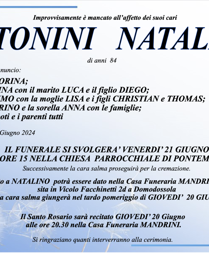 Antonini Natalino di anni 84