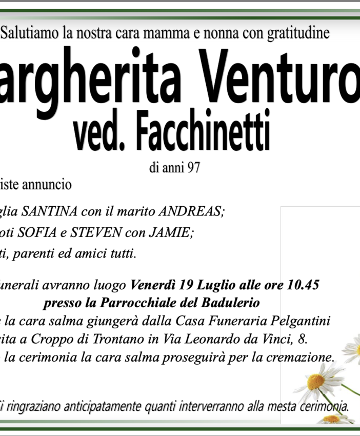 Margherita Venturoli ved. facchinetti di anni 97