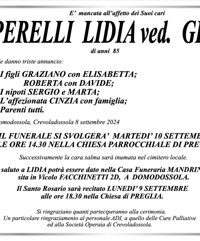 Perelli Lidia ved. Globo di anni 85