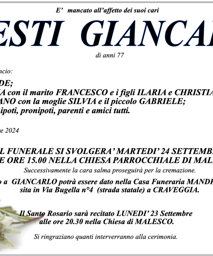 Dresti Giancarlo di anni 77