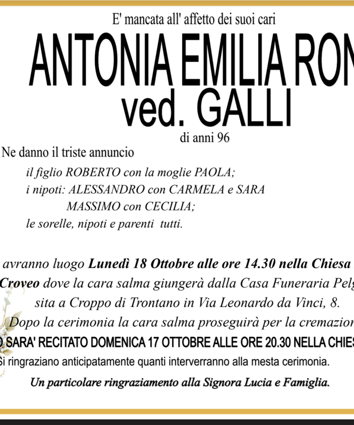 Antonia Emilia Rondoni ved. Galli di anni 96