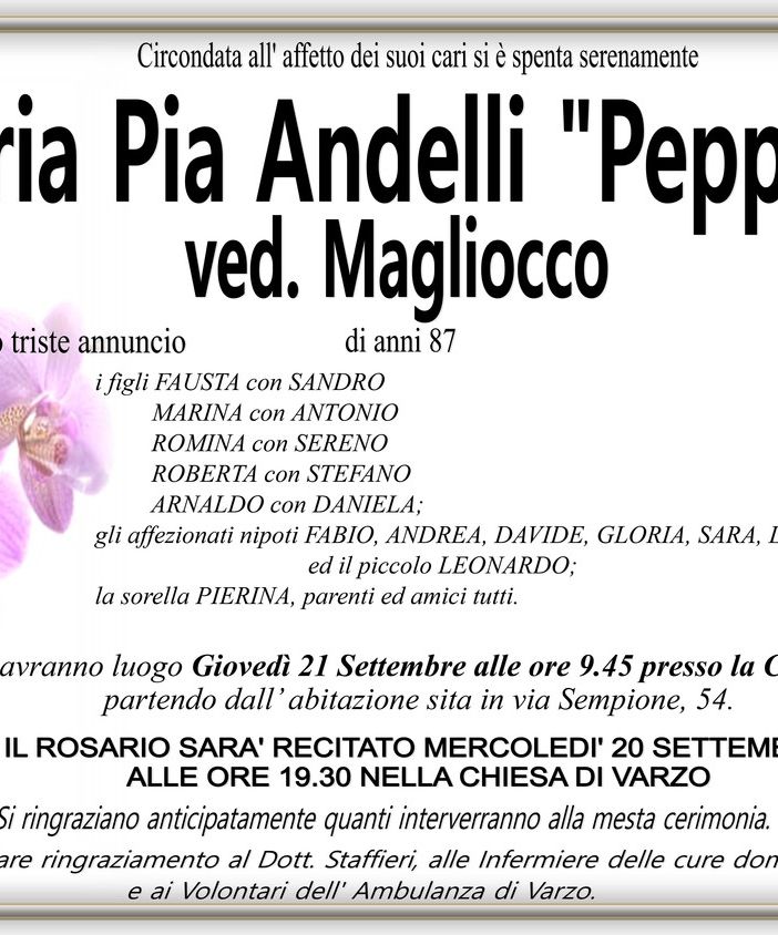 Maria Pia Andelli &quot;Peppina&quot; ved. Magliocco di anni 87