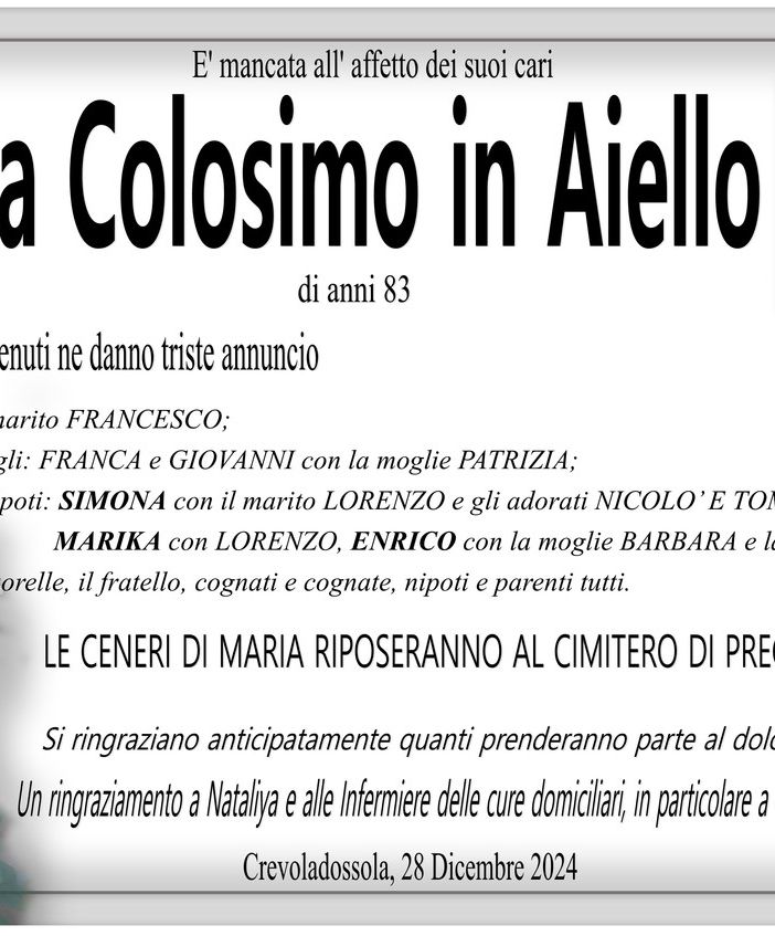 Maria Colosimo in Aiello di anni 83