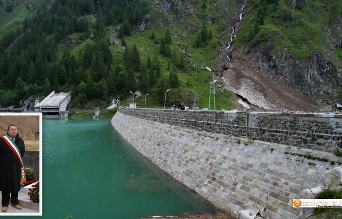 La diga all'alpe Cavalli e nel riquadro il sindaco di Antrona, Franco Borsotti
