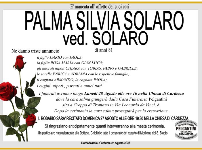 Palma Silvia Solaro ved. Solaro di anni 81