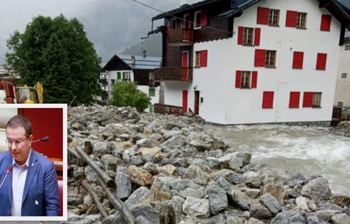 Foto: Macugnaga il giorno dopo l'alluvione, nel riquadro il deputato Stefano Candiani