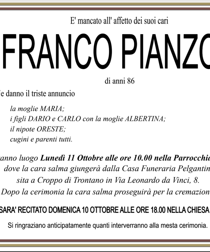 Franco Pianzola di anni 86