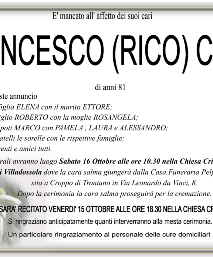 Francesco (Rico) Cefis di anni 81