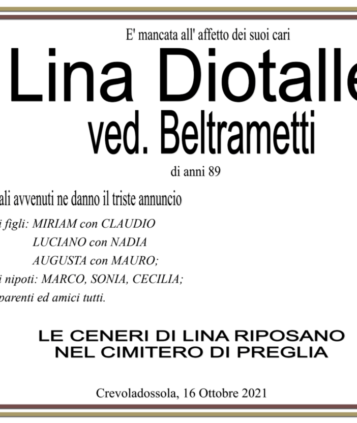 Lina Diotallevi ved. Beltrametti di anni 89