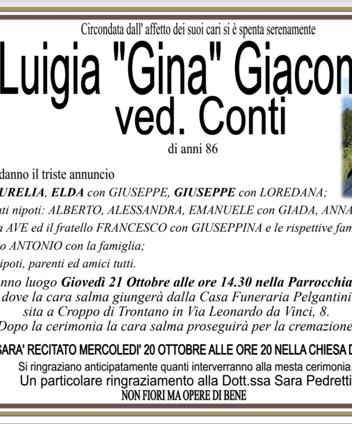 Luigia &quot;Gina Giacometti&quot; ved. Conti di anni 86