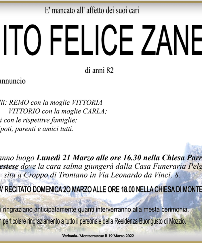 Benito Felice Zanetta di anni 82