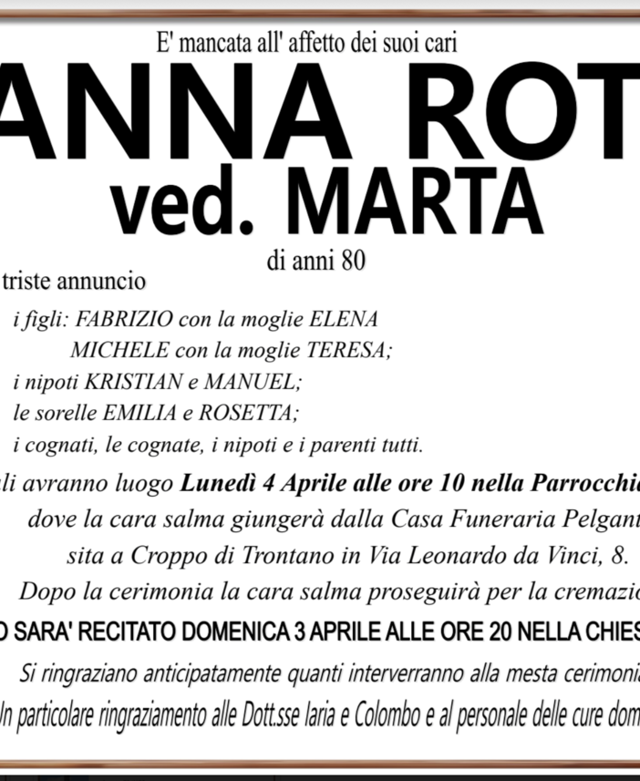 Anna Rota ved. Marta di anni 80