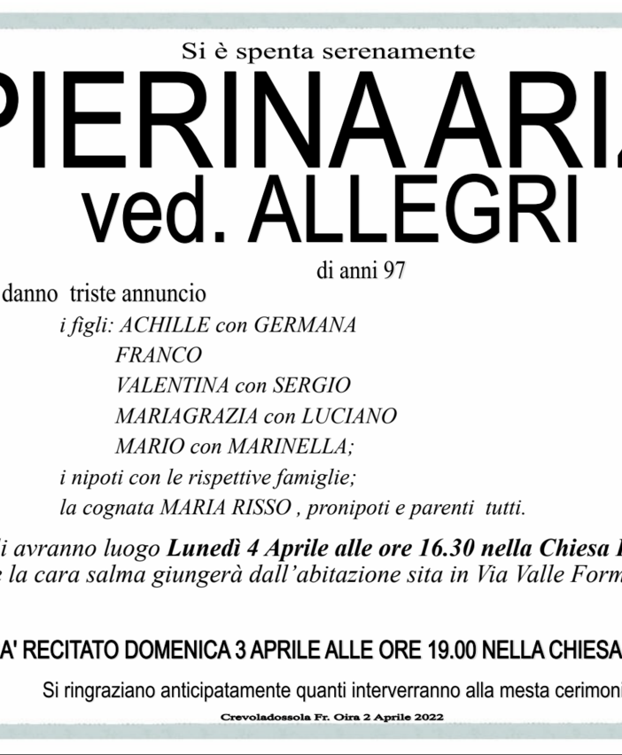 Pierina Arizzi ved. Allegri di anni 97