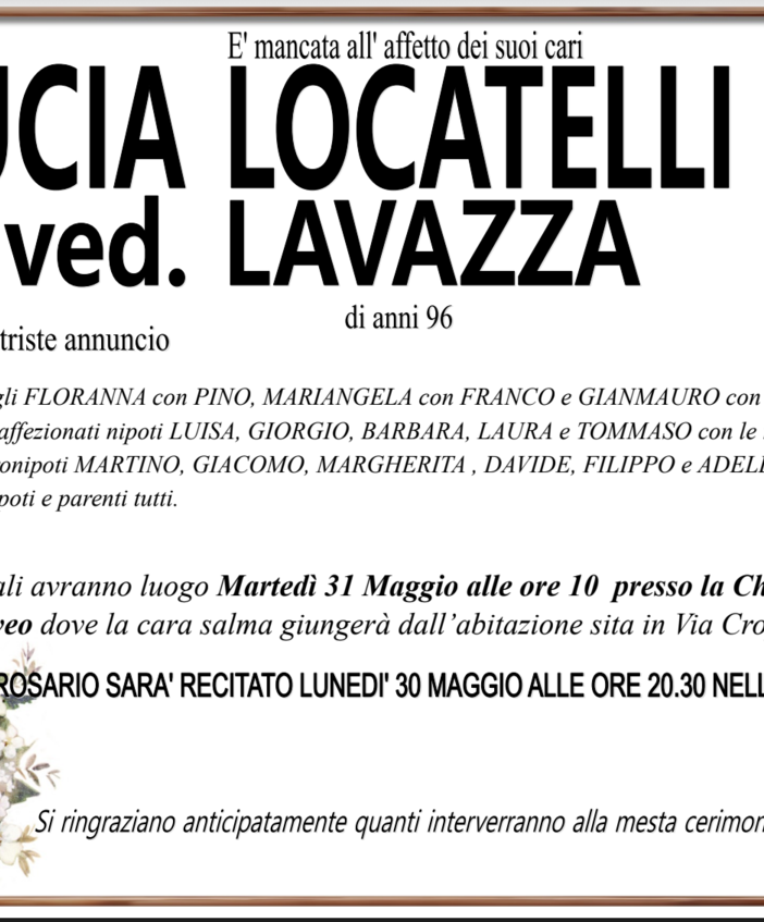 Lucia Locatelli ved. Lavazza di anni 96