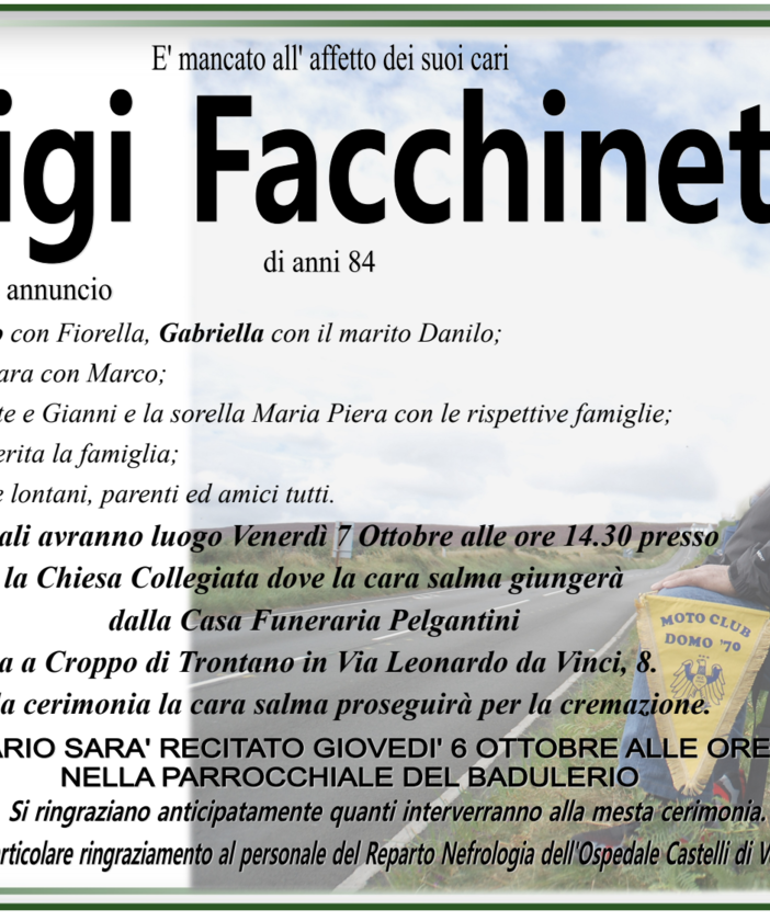 Luigi Facchinetti di anni 84