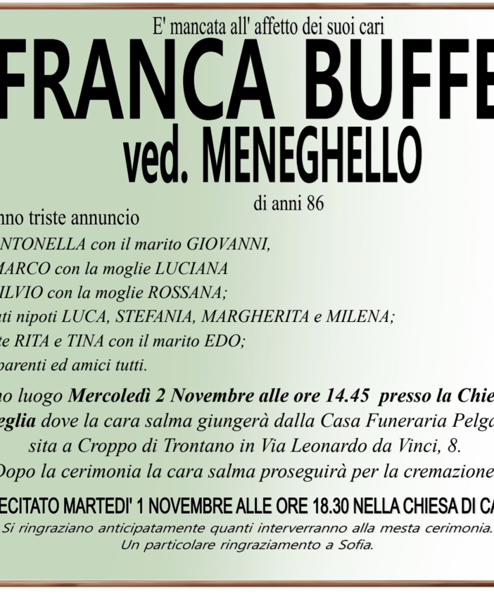 Franca Buffelli ved. Meneghello di anni 86