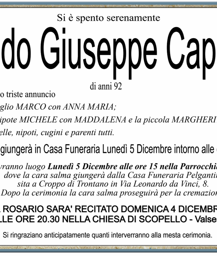 Aldo Giuseppe Capelli di anni 92