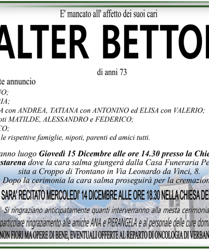 Walter Bettoni di anni 73