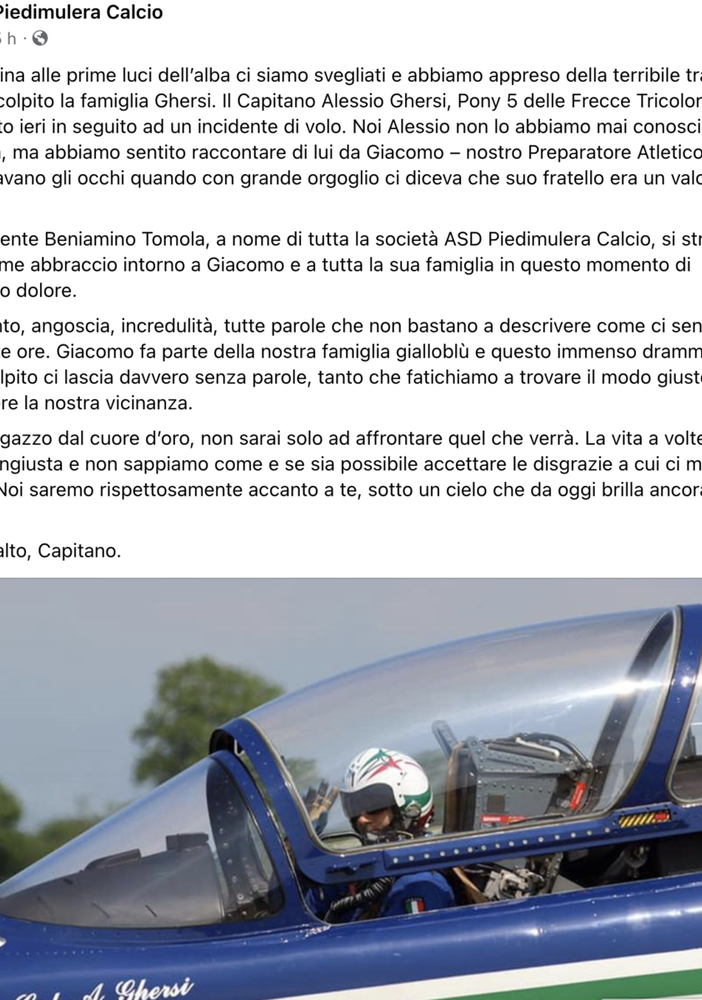 Le condoglianze del Piedimulera calcio al preparatore atletico della squadra Giacomo GHersi, fratello del capitano delle Frecce Tricolore