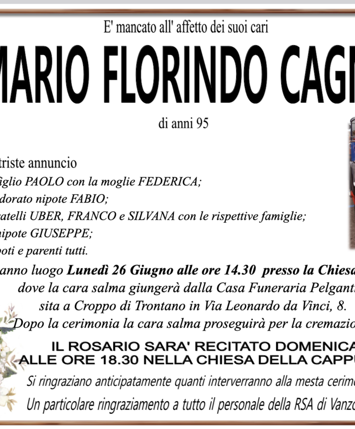 Mario Florindo Cagnacci di anni 85