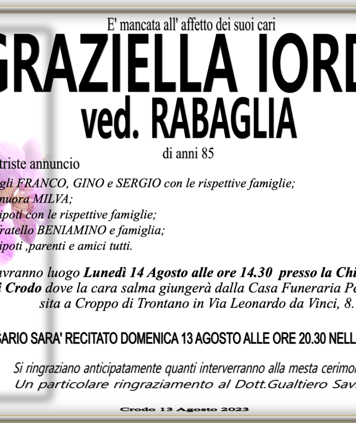 Graziella Iorda ved. Rabaglia di anni 85