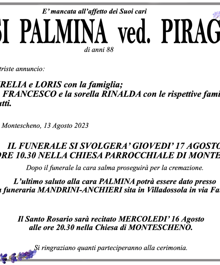 Grossi Palmina ved. Piraglia di anni 88