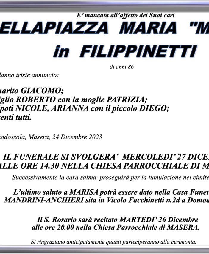Dellapiazza Maria &quot;Marisa&quot; in Filippinetti di anni 86