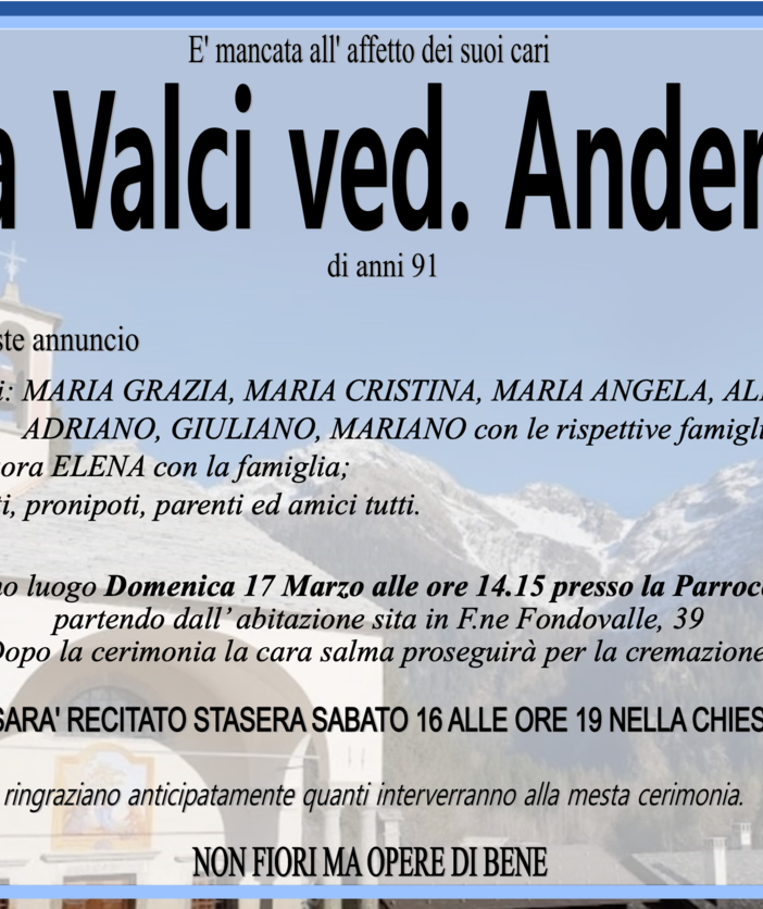 Ada Valci ved. Anderlini di anni 91
