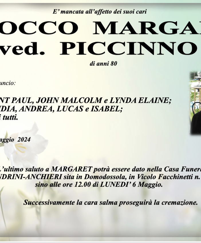 Allocco Margaret ved. Piccinno di anni 80
