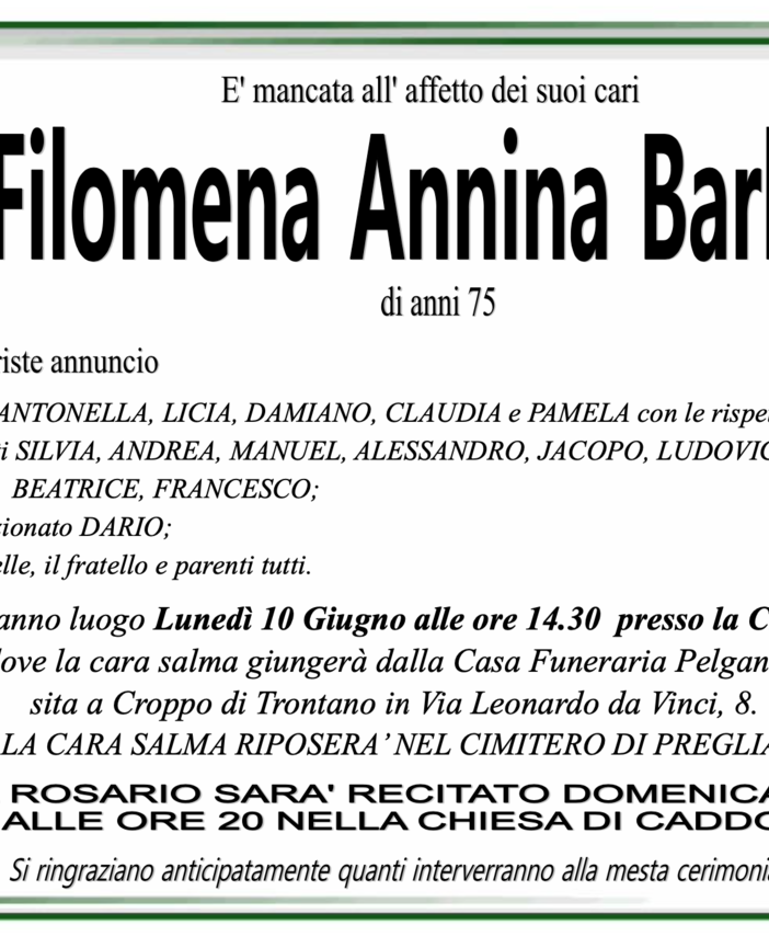 Filomena Annina Barbetta di anni 75