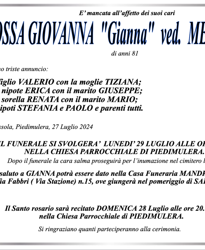 Iossa Giovanna &quot;Gianna&quot; ved.Menegati di anni 81