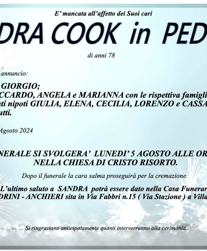Sandra Cook in Pedron di anni 78