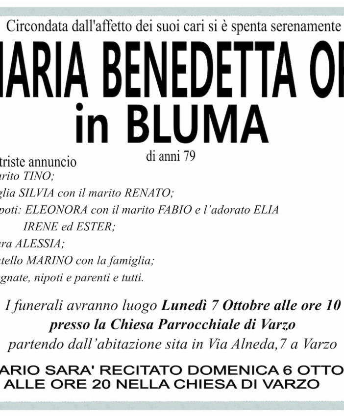 Maria Benedetta orio in Bluma di anni 79