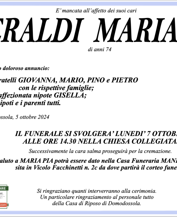 Geraldi Maria Pia di anni 74