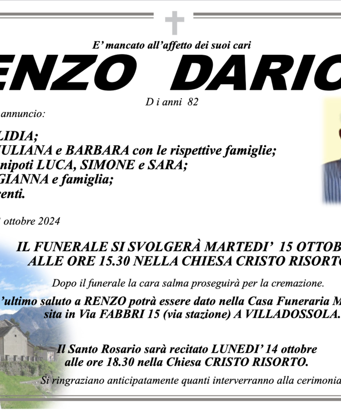 Renzo Darioli di anni 82