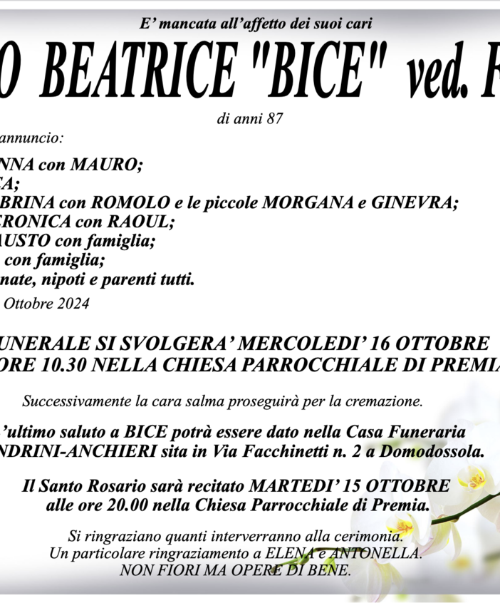 Braito Beatrice &quot;Bice&quot; ved. Folchi di anni 87