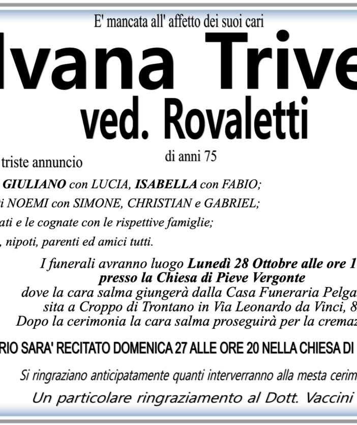 Ivana Trivelli ved. Rovaletti di anni 75