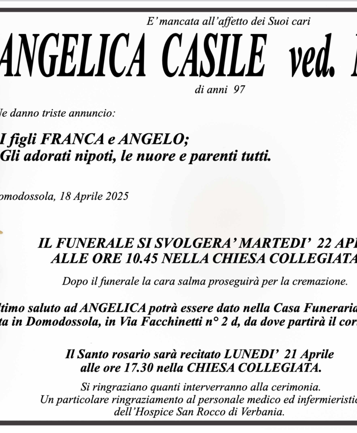 Angelica Casile ved. Manti di anni 97