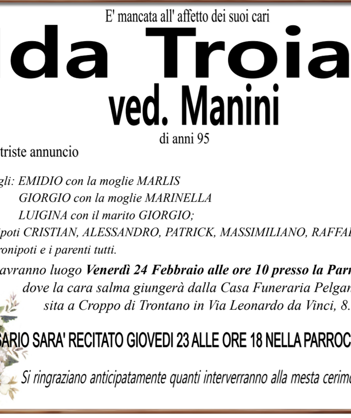 Ida Troian ved. Manini di anni 95