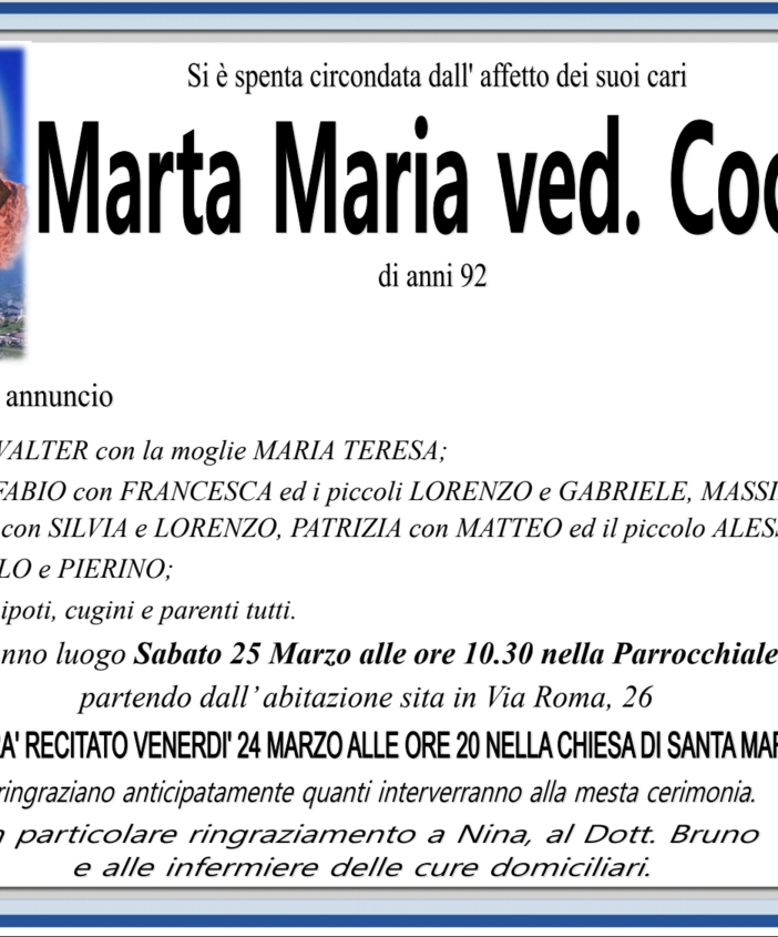 Marta Maria ved. Cocchini di anni 92