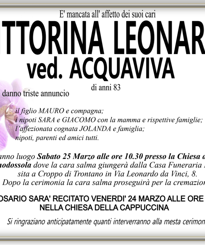 Vittorina Leonardi ved. Acquaviva di anni 83